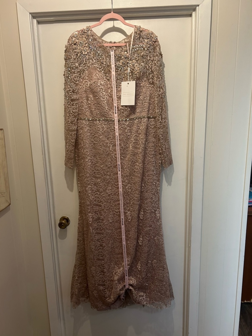 Mac Duggal Beaded Lace Maxi Dress in Blush